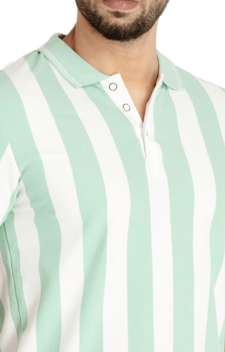 Status Quo | Men's Green and White Polycotton Striped Polo T-Shirts 3