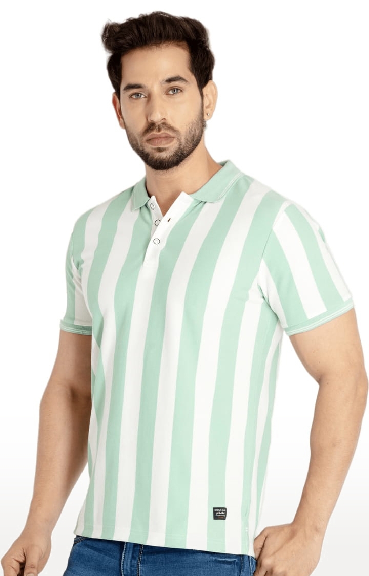 Status Quo | Men's Green and White Polycotton Striped Polo T-Shirts 1