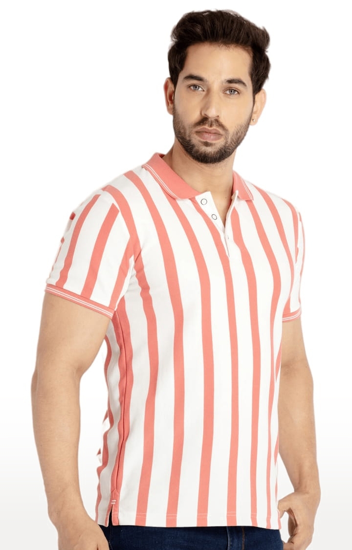 Status Quo | Men's Pink and Off White Polycotton Striped Polo T-Shirts 1