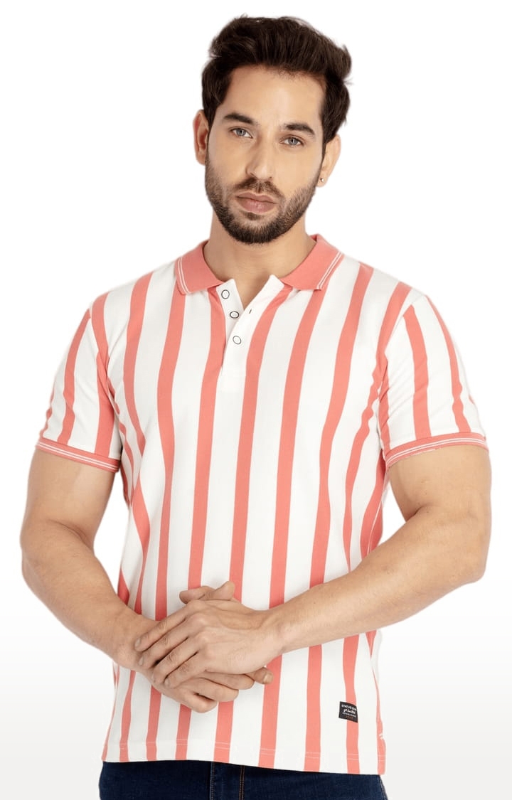 Status Quo | Men's Pink and Off White Polycotton Striped Polo T-Shirts 0