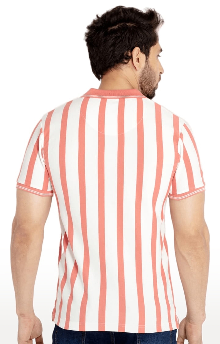 Status Quo | Men's Pink and Off White Polycotton Striped Polo T-Shirts 2