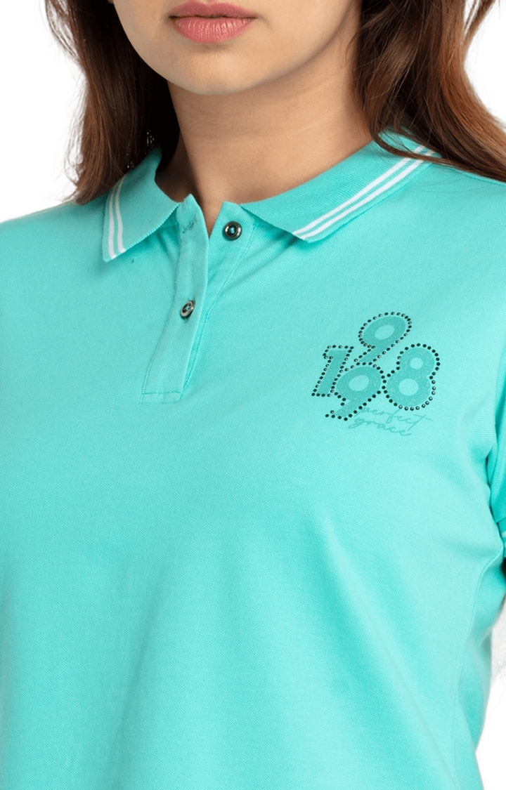 Status Quo | Women's Green Cotton Blend Printed Polos 4
