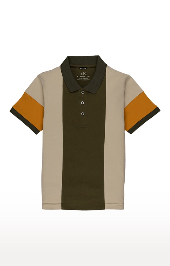 Status Quo | Boys Olive Green and Beige Cotton Colourblock Polo T-Shirts 0