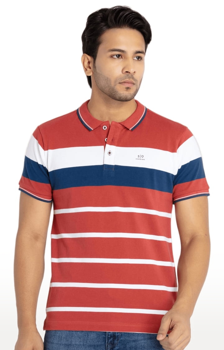 Status Quo | Men's Red Cotton Striped Polo T-Shirts 0