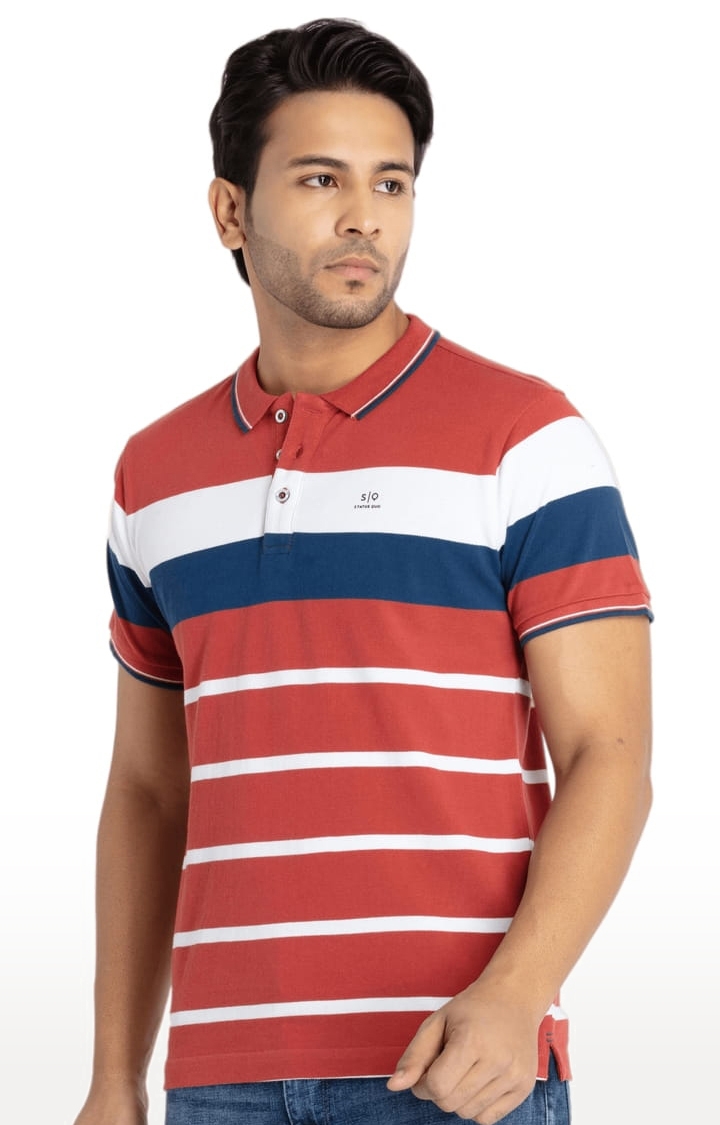 Status Quo | Men's Red Cotton Striped Polo T-Shirts 1