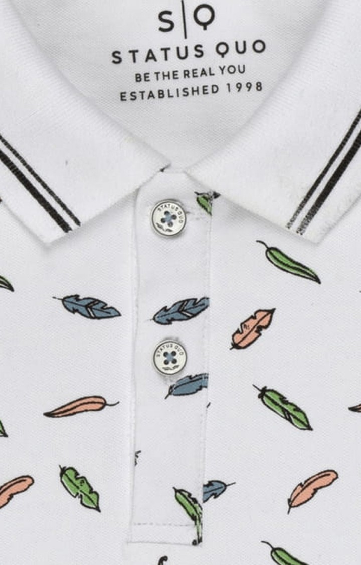 Boys White Cotton Printeded Polo T-Shirts