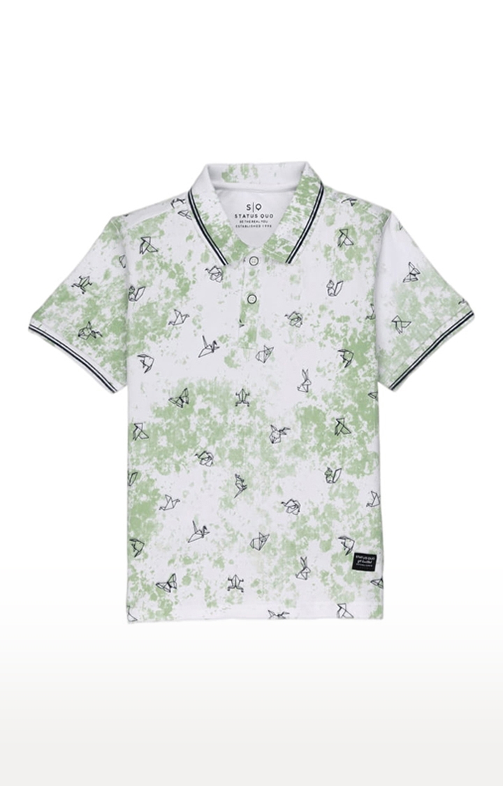Status Quo | Boys White and Green Cotton Printeded Polo T-Shirts 0