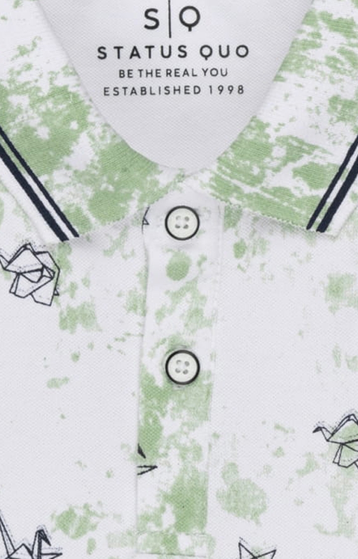 Status Quo | Boys White and Green Cotton Printeded Polo T-Shirts 2