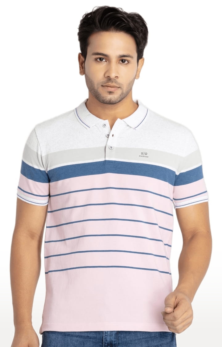 Status Quo | Men's Pink Cotton Striped Polo T-Shirts 0
