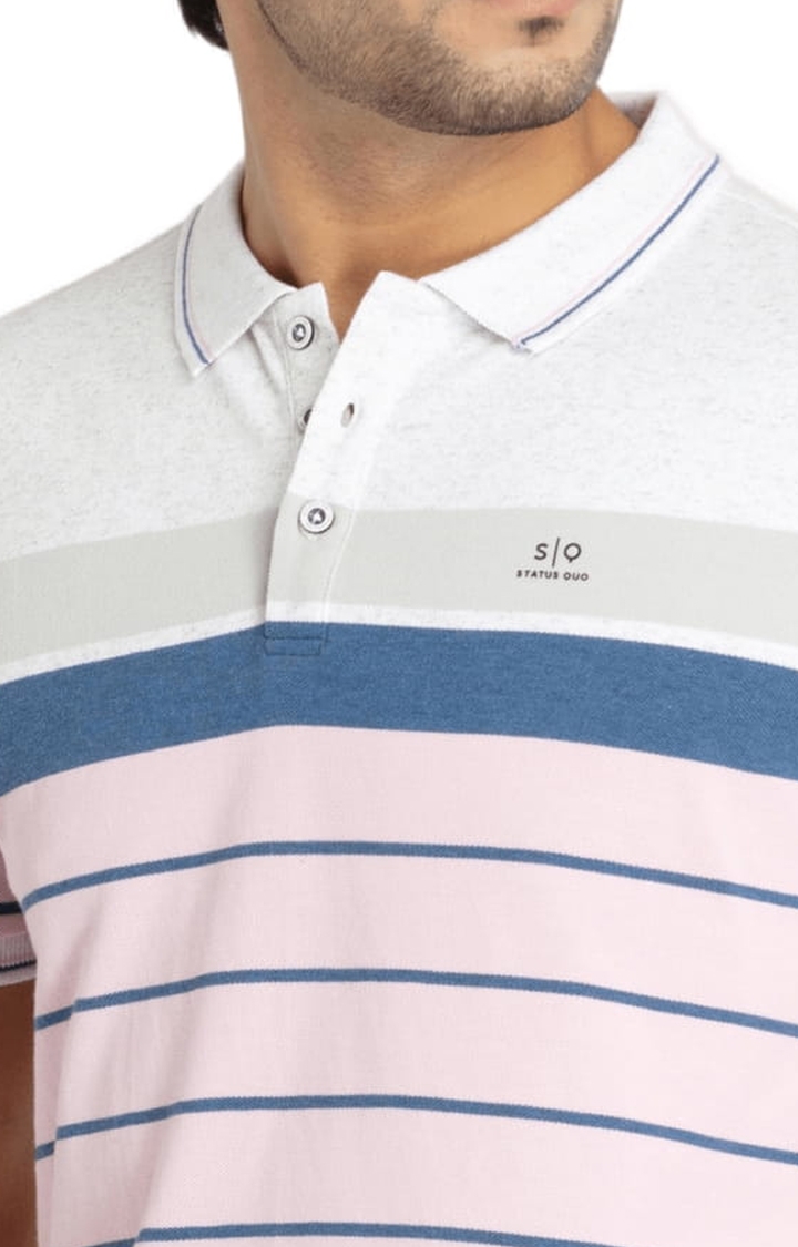 Status Quo | Men's Pink Cotton Striped Polo T-Shirts 3