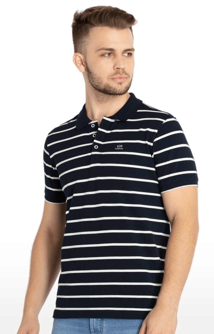 Status Quo | Men's Blue Cotton Striped Polo T-Shirts 0