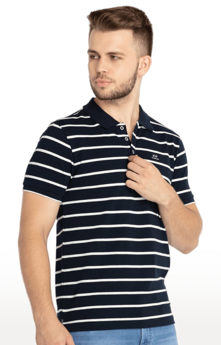 Status Quo | Men's Blue Cotton Striped Polo T-Shirts 1