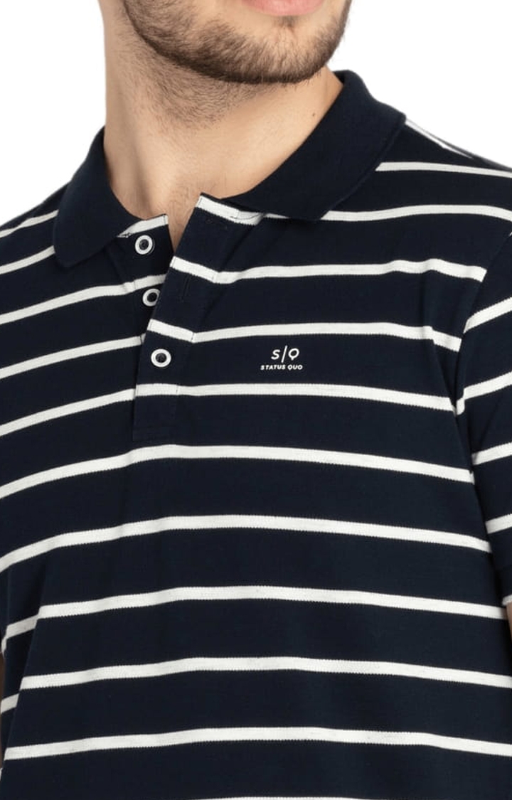 Status Quo | Men's Blue Cotton Striped Polo T-Shirts 3
