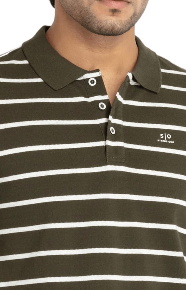 Status Quo | Men's Olive Green Cotton Striped Polo T-Shirts 3