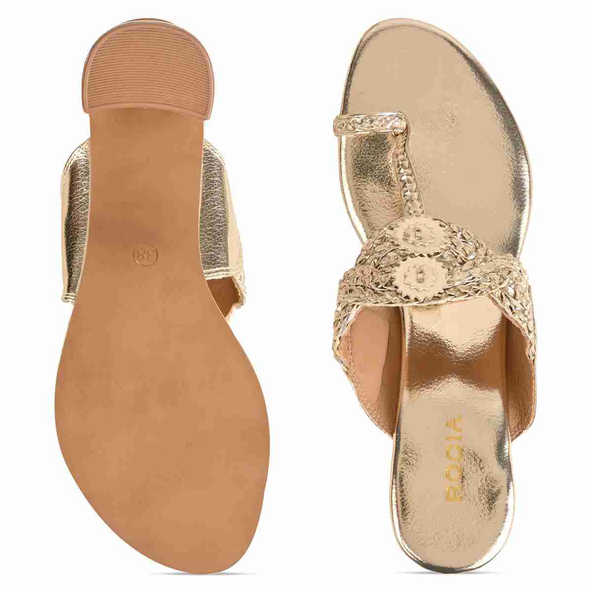 Rocia By Regal Gold Women Braided Kolhapuri Block Heels