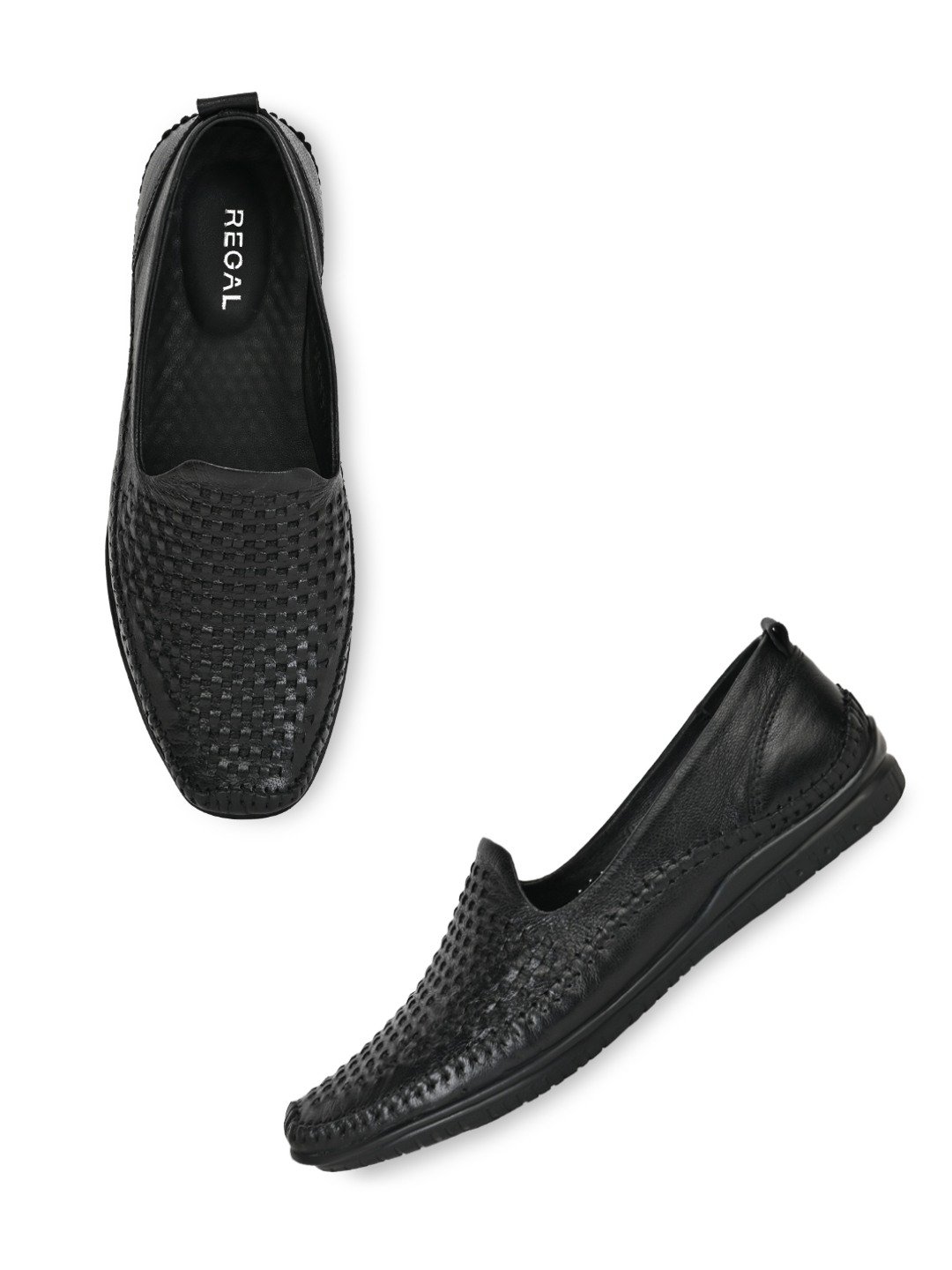Regal Black Men Leather Woven Mojris