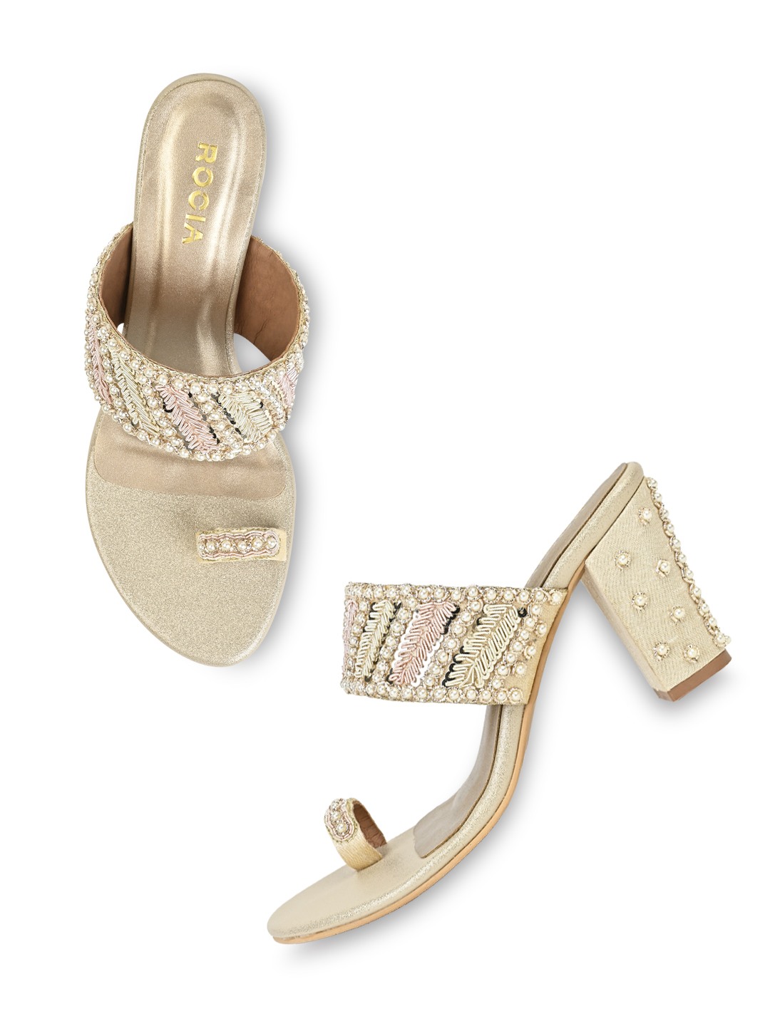Rocia By Regal Gold Women Hand Embroidered Block Heel Sandals
