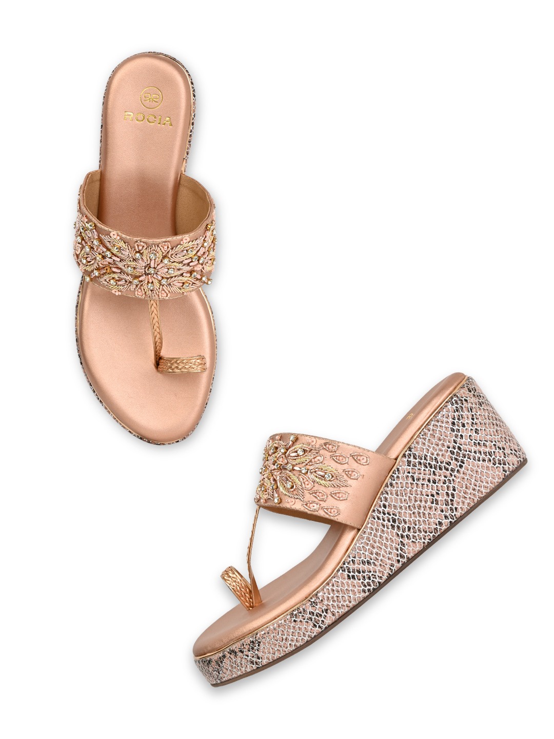 Rocia By Regal Rose Gold Women Hand Embroidered High Wedges