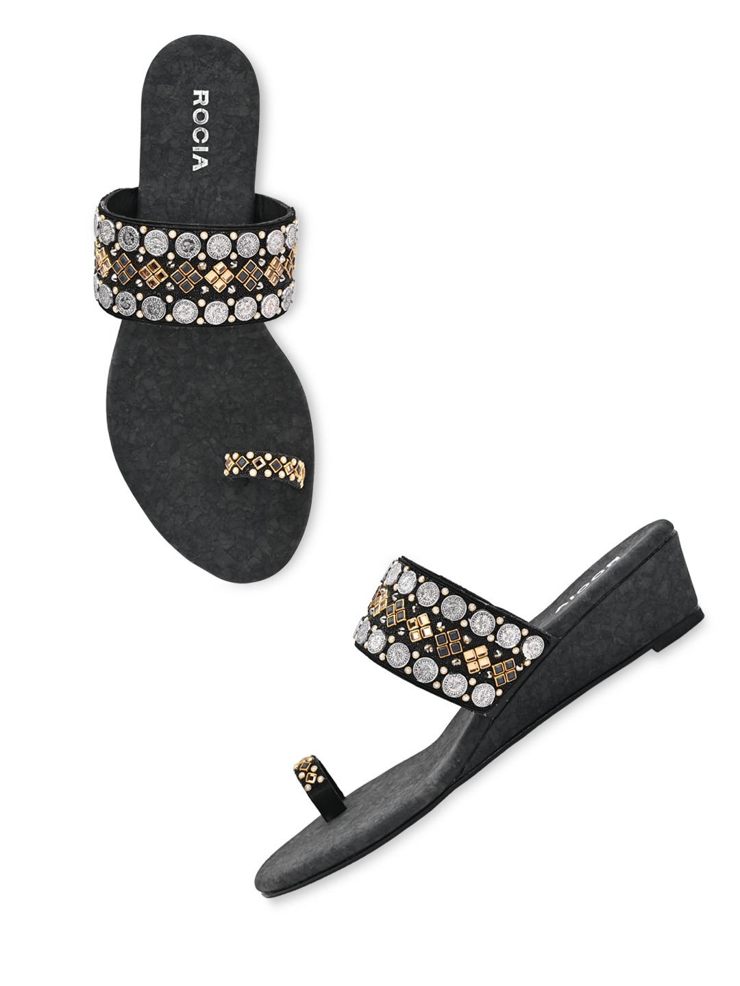 Rocia By Regal Black Women Hand Embroidered Ethnic Wedges