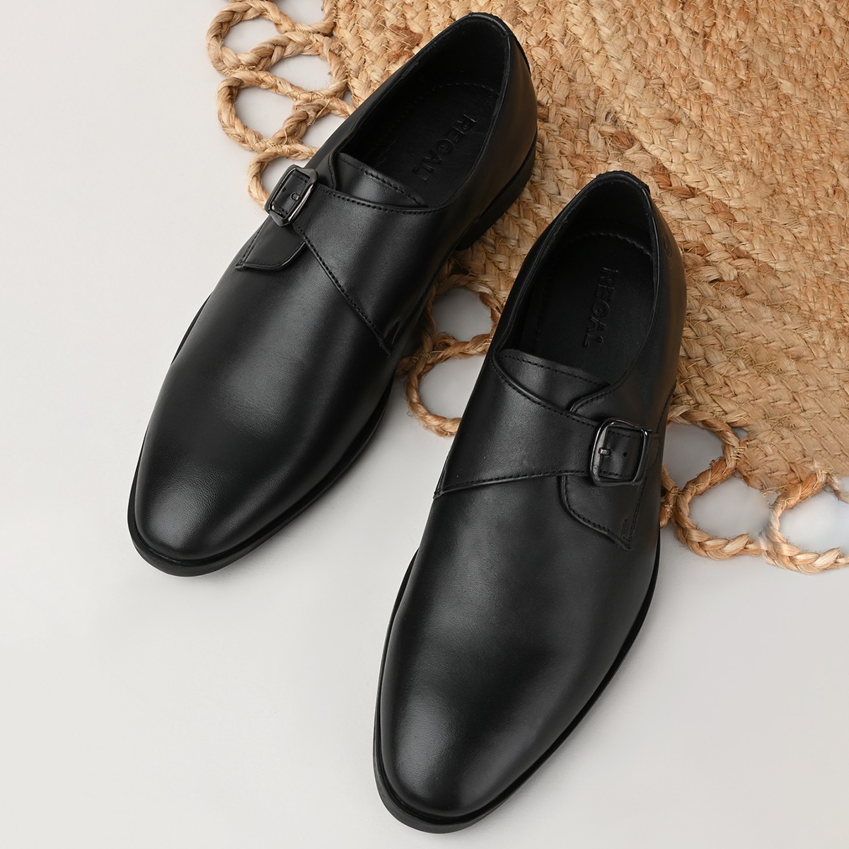 Regal Black Men Leather Single Monks