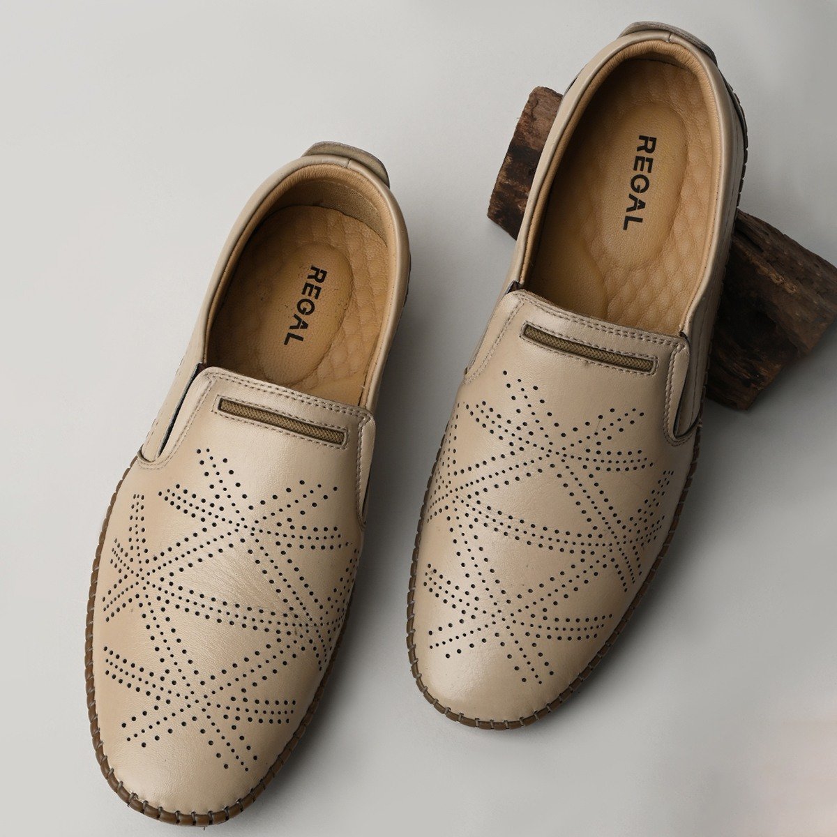 Regal Beige Men Casual Laser Cut Slip Ons