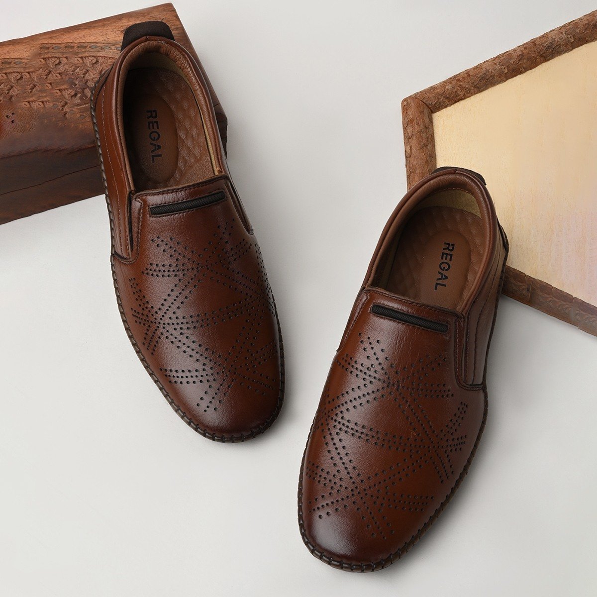 Regal Tan Men Casual Laser Cut Slip Ons