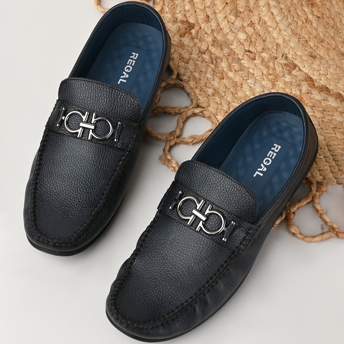 Regal Blue Men Casual Leather Buckled Loafers