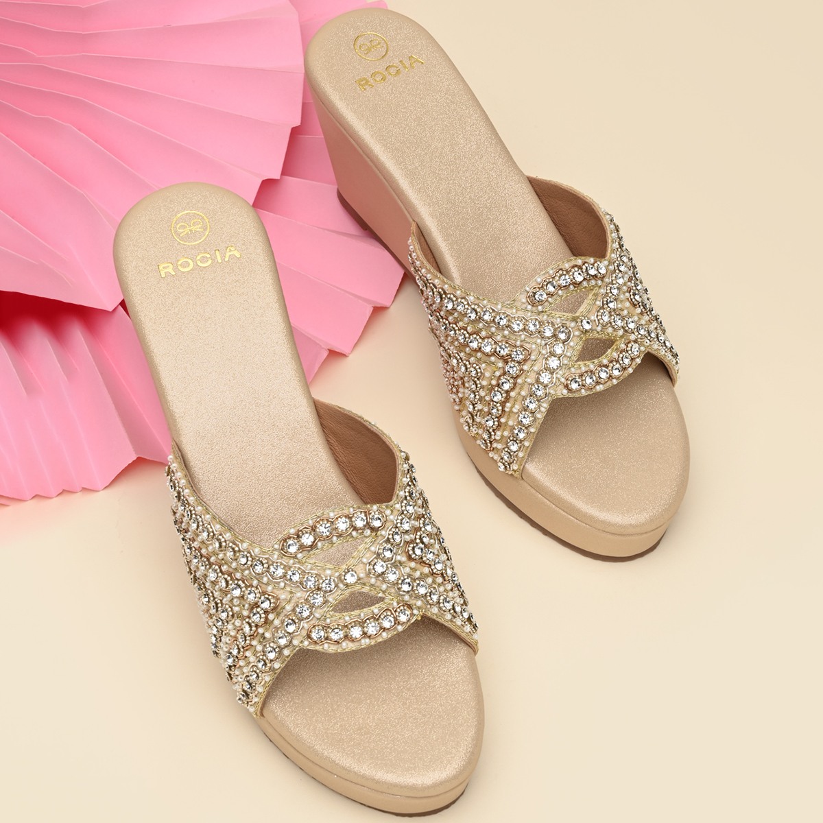 Rocia By Regal Gold Women Heavy Encrusted Diamond Platforms