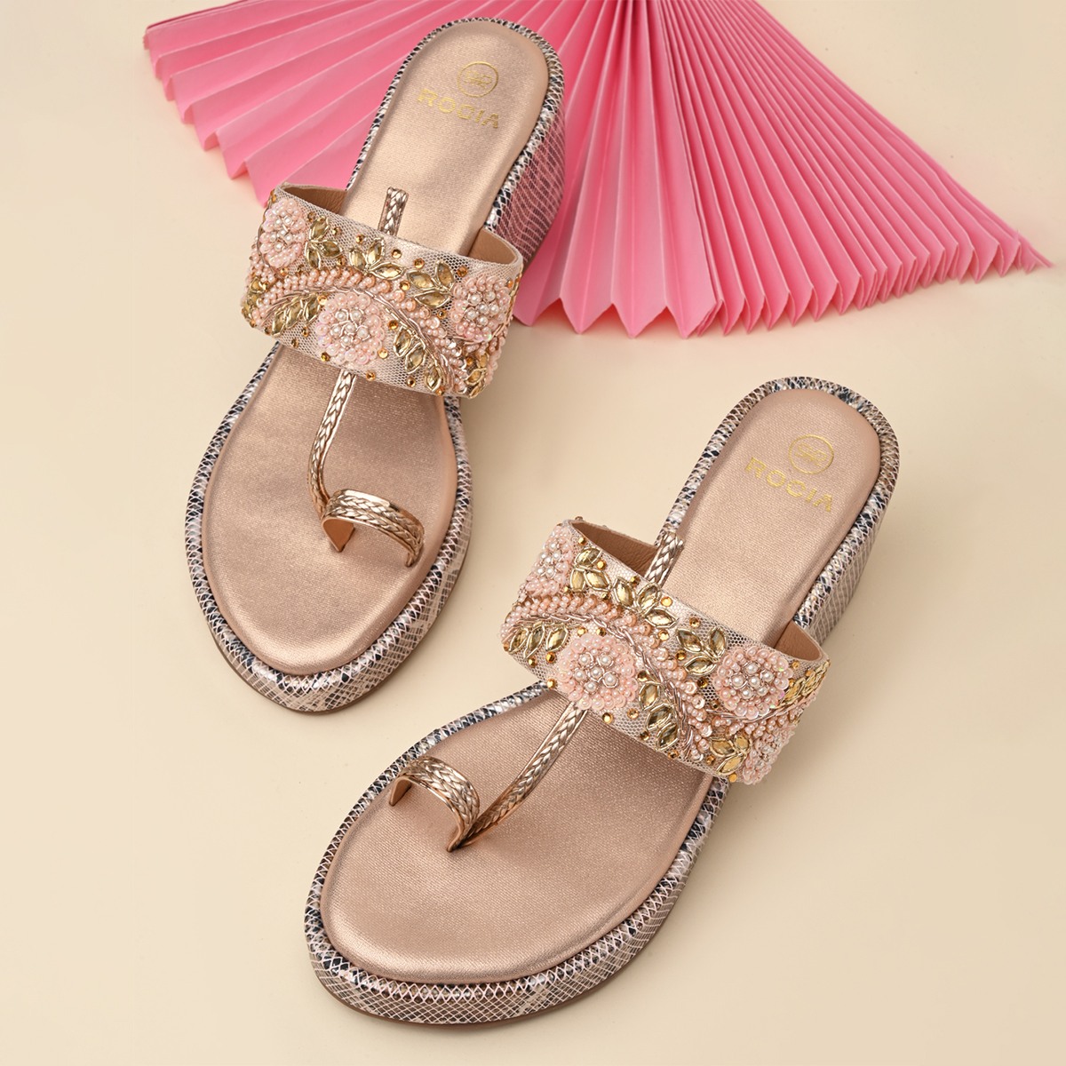 Rocia By Regal Rose Gold Women Heavy Embroidered One Toe Platforms