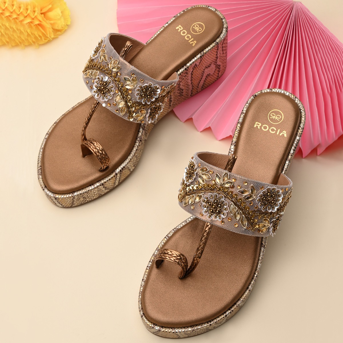 Rocia By Regal Antique Gold Women Heavy Embroidered One Toe Platforms