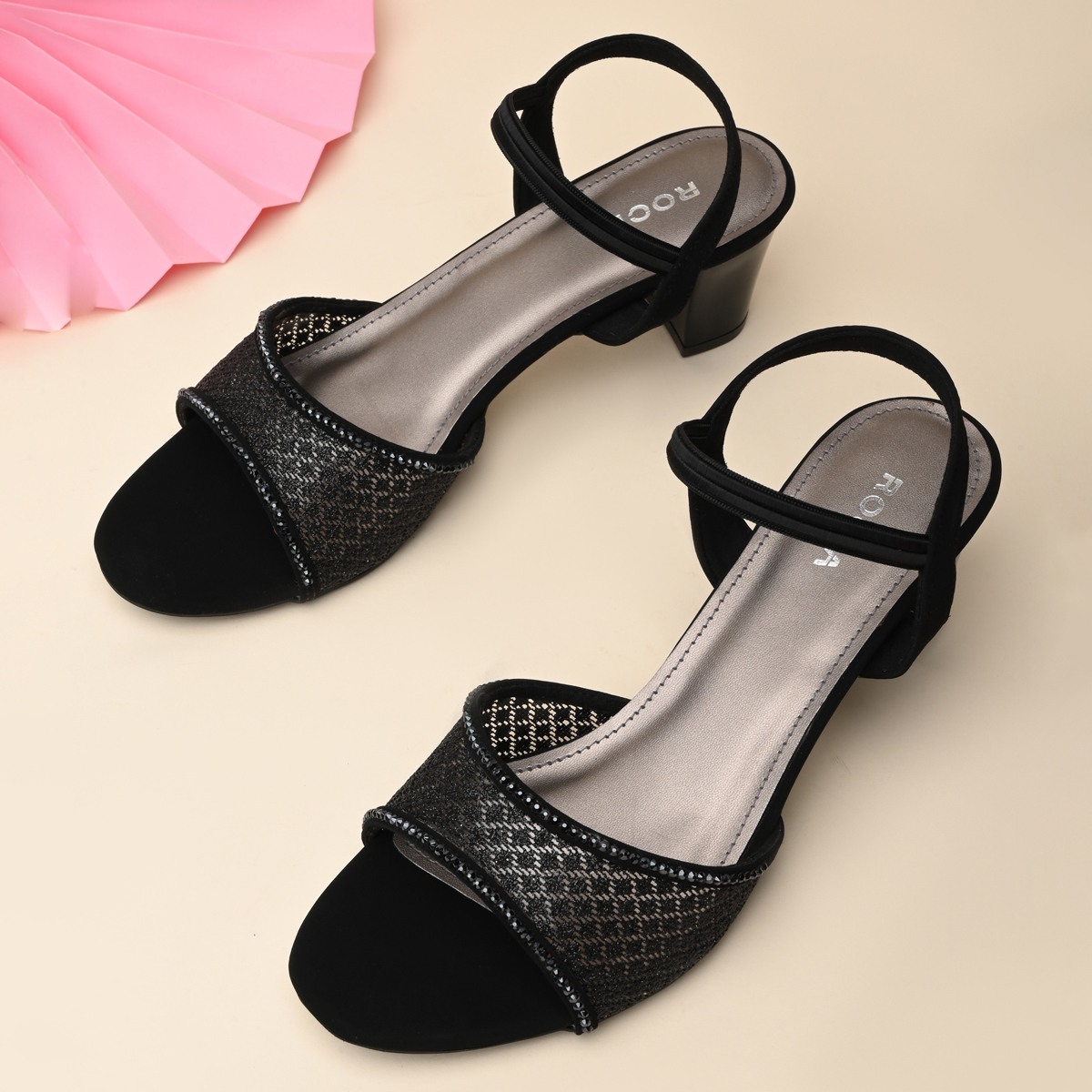 Rocia By Regal Black Women Net With Diamonds Block Heel Sandals