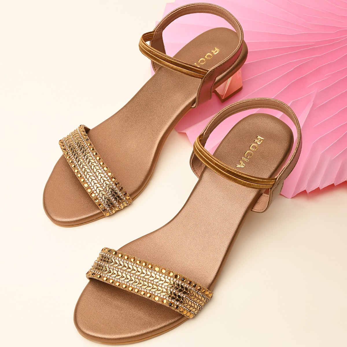 Rocia By Regal Antique Gold Women Hand Embroidered Strap Fancy Sandals