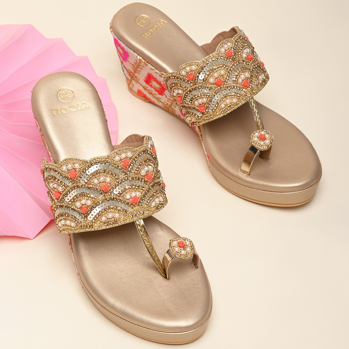 Rocia By Regal Gold Women One Toe Embroidered Platforms