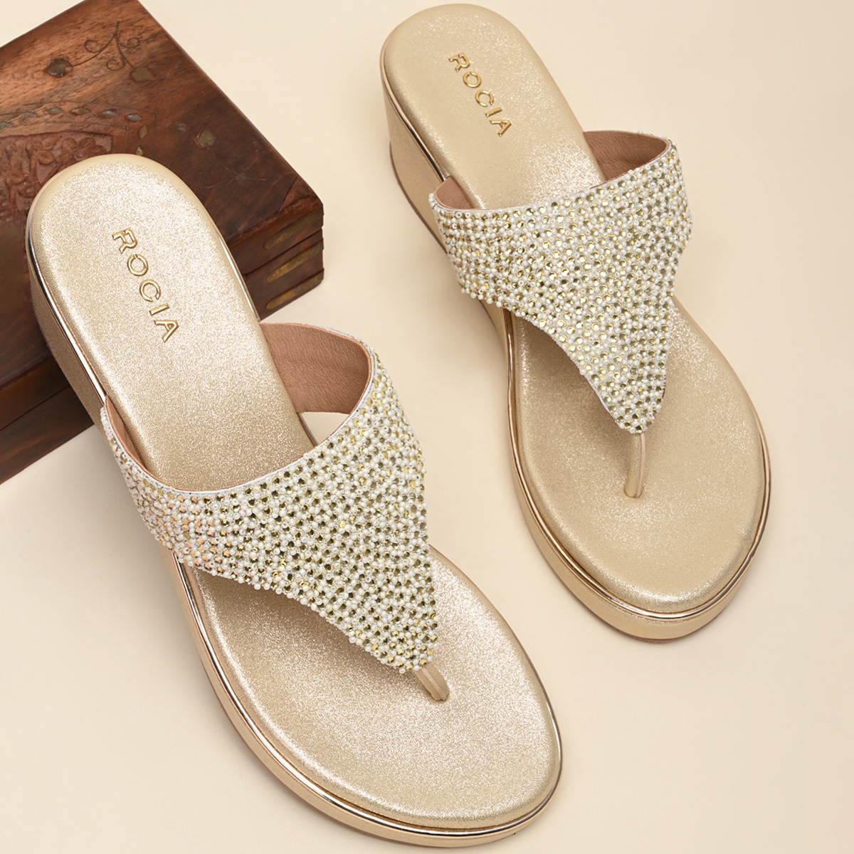 Rocia By Regal Gold Women Embroidered Platforms