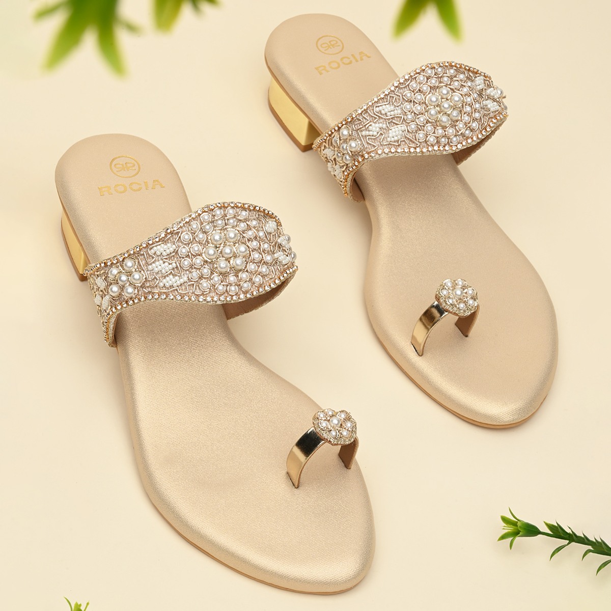 Rocia By Regal Gold Women One Toe Embroidered Sandals