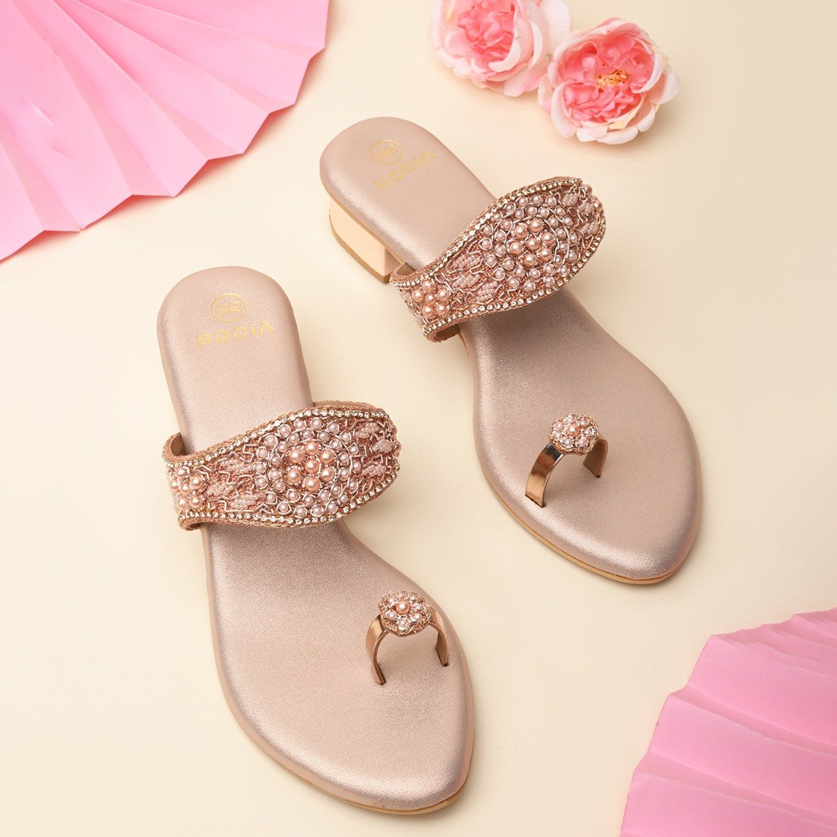 Rocia By Regal Rose Gold Women One Toe Embroidered Sandals