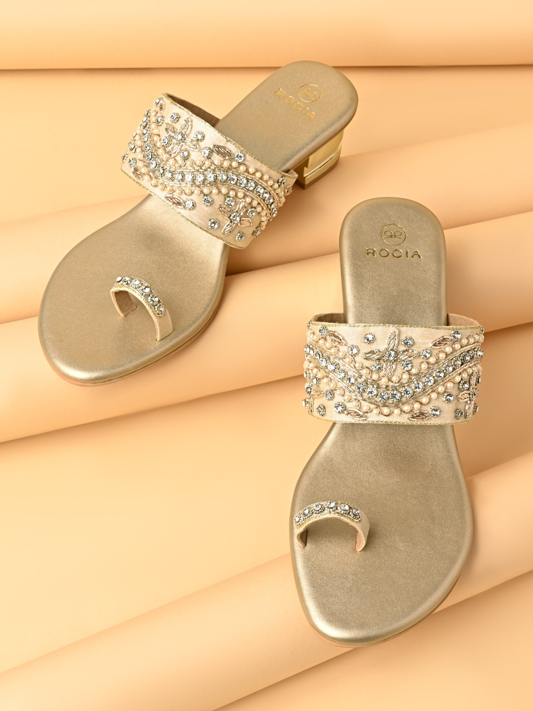 Rocia By Regal Gold Women Embroidered One Toe Block Heel Sandals