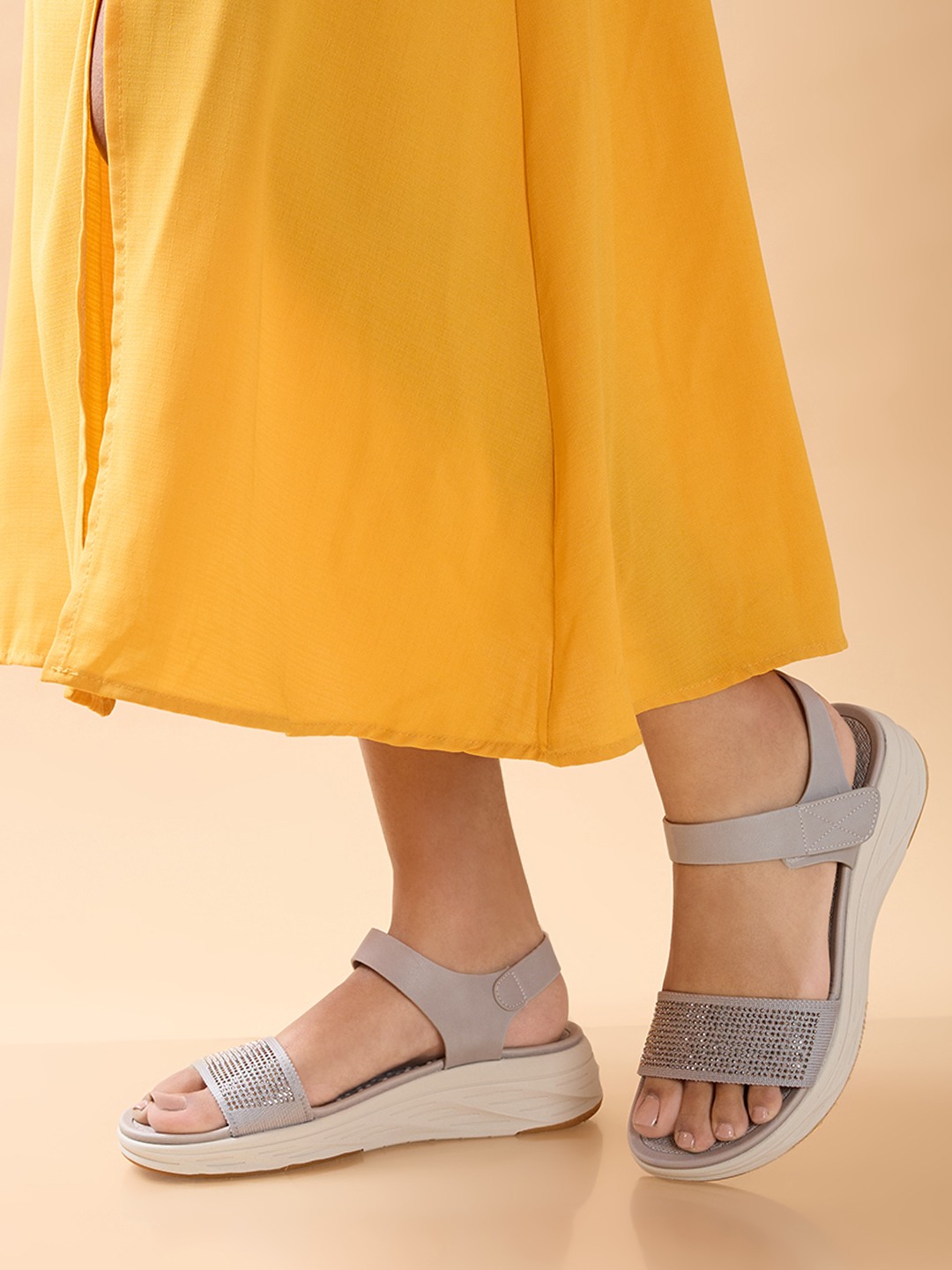 Rocia By Regal Grey Women Comfort Diamond Studded Stylish Sandals