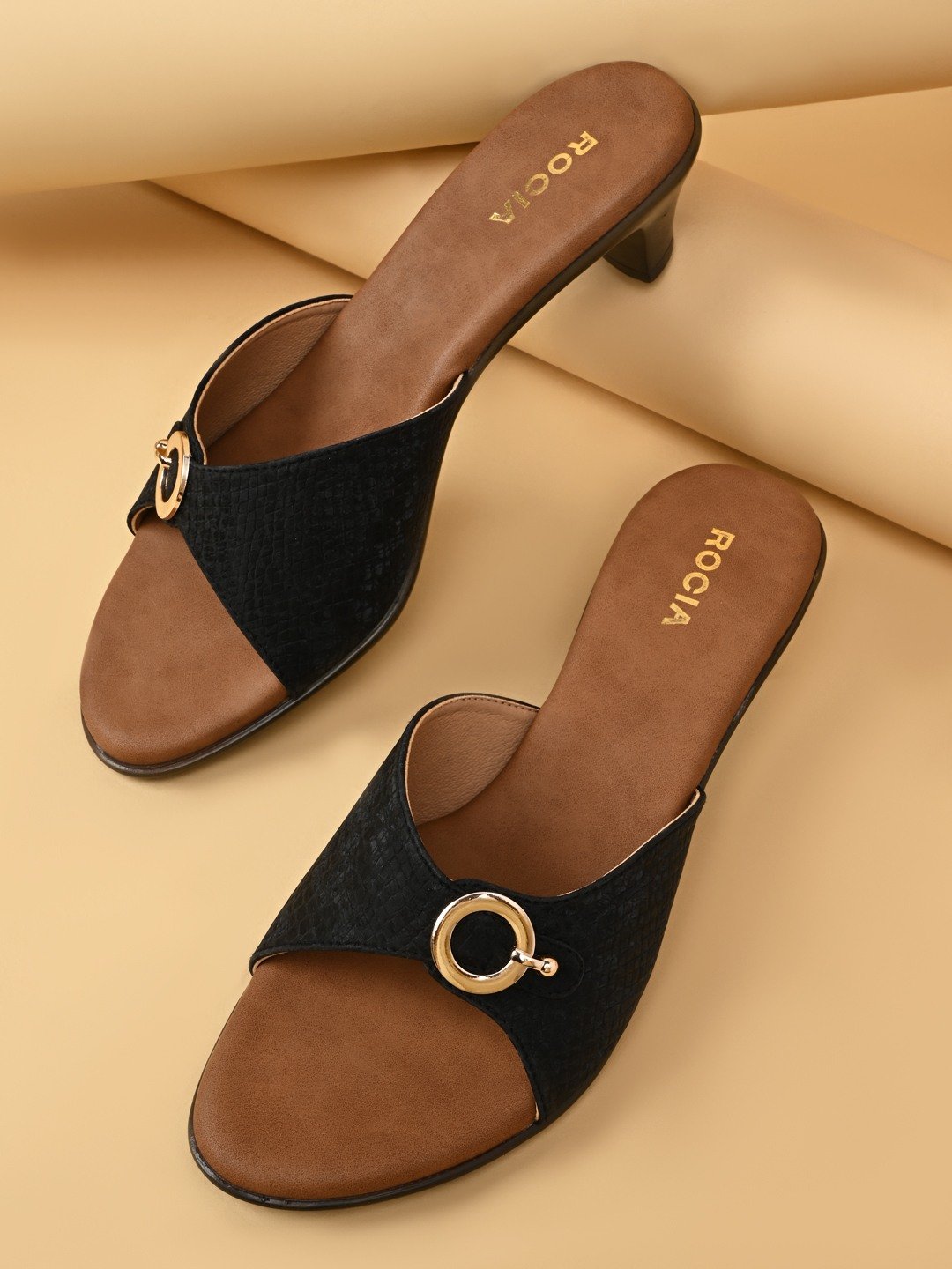 Rocia By Regal Black Women Textured Slider Kitten Heel Sandals