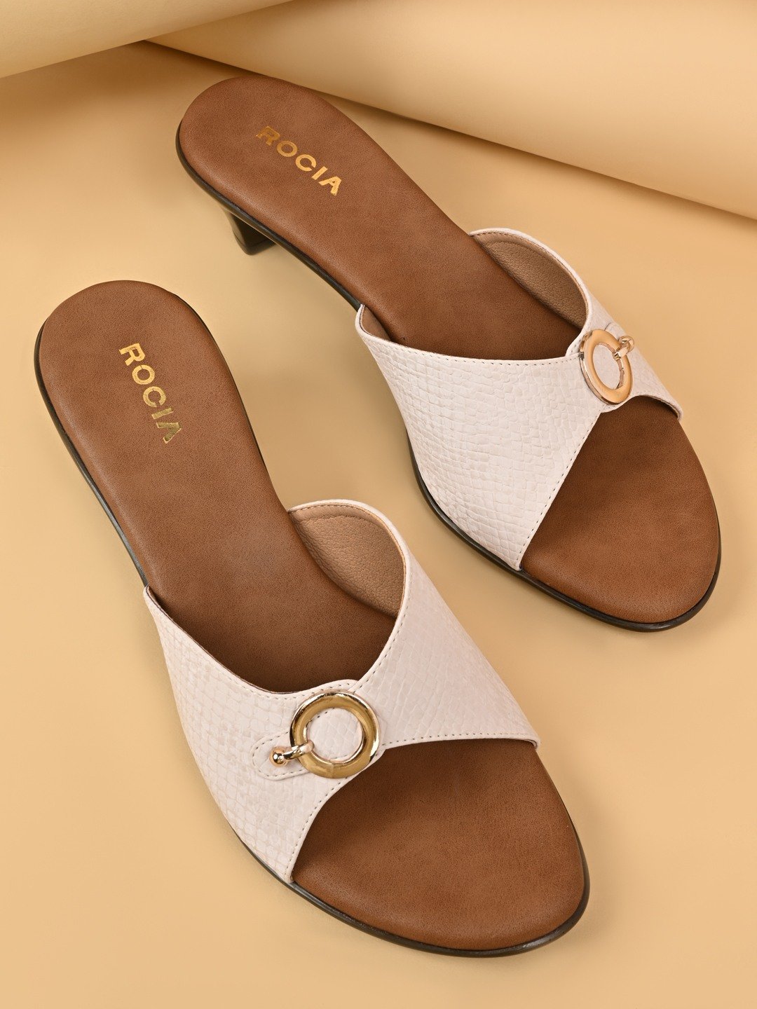 Rocia By Regal Beige Women Textured Slider Kitten Heel Sandals