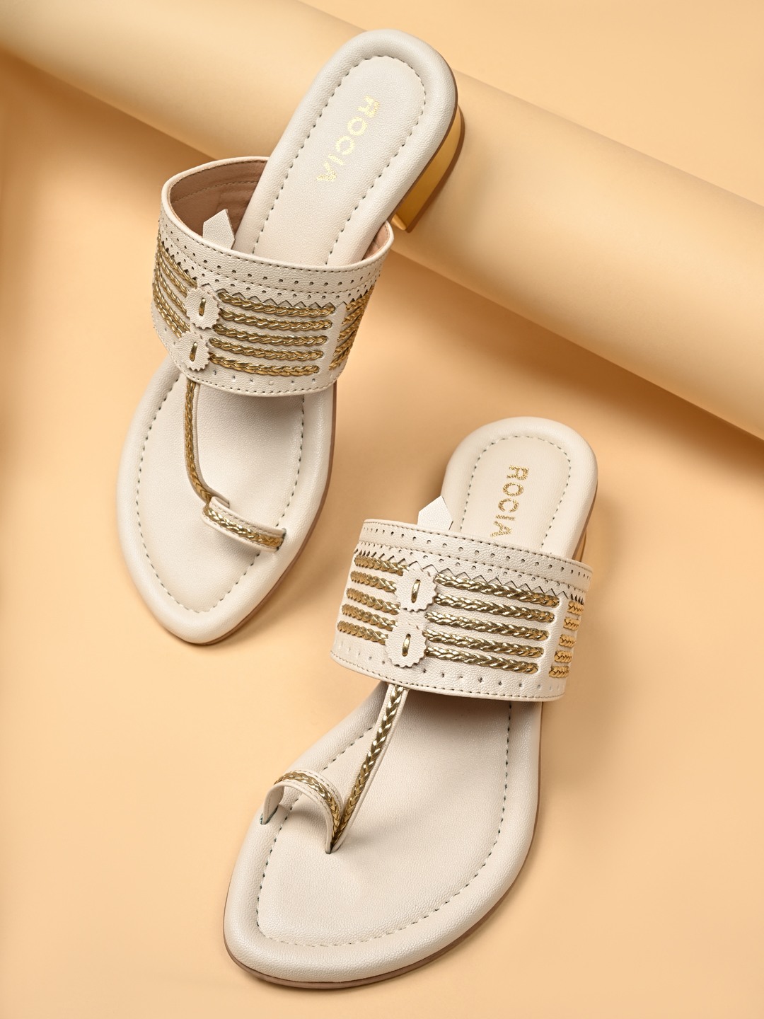 Rocia By Regal Beige Women Small Block Heel Kolhapuris