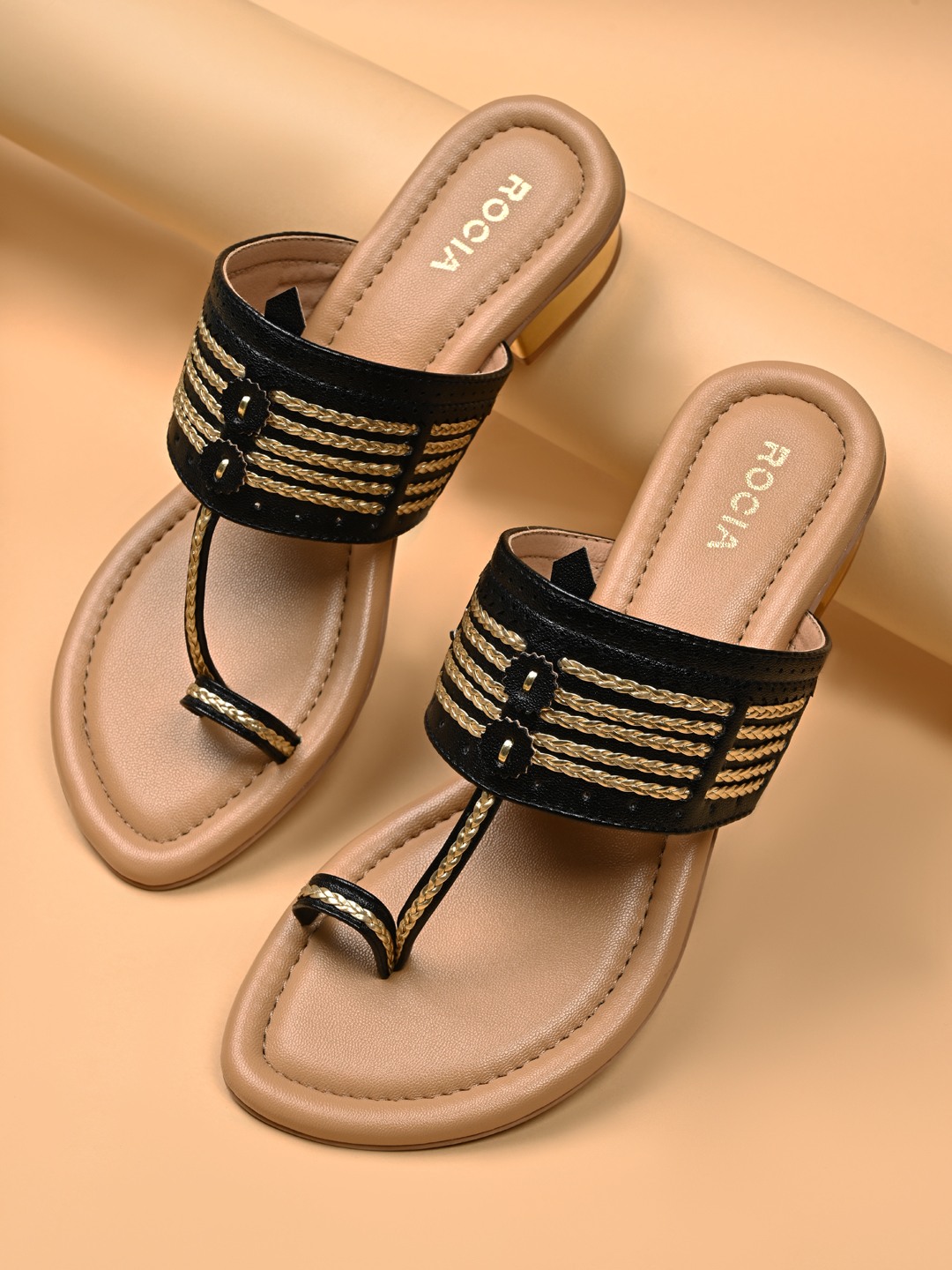 Rocia By Regal Black Women Small Block Heel Kolhapuris