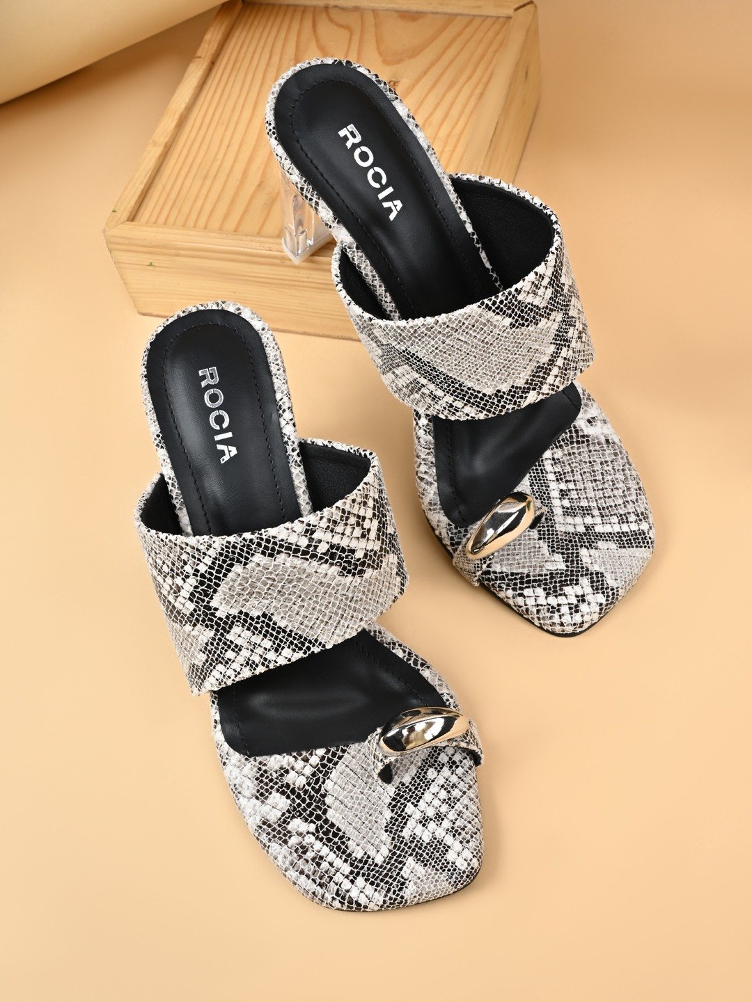 Rocia By Regal Beige Women Snake Print One Toe Acrylic Block Heel Sandals