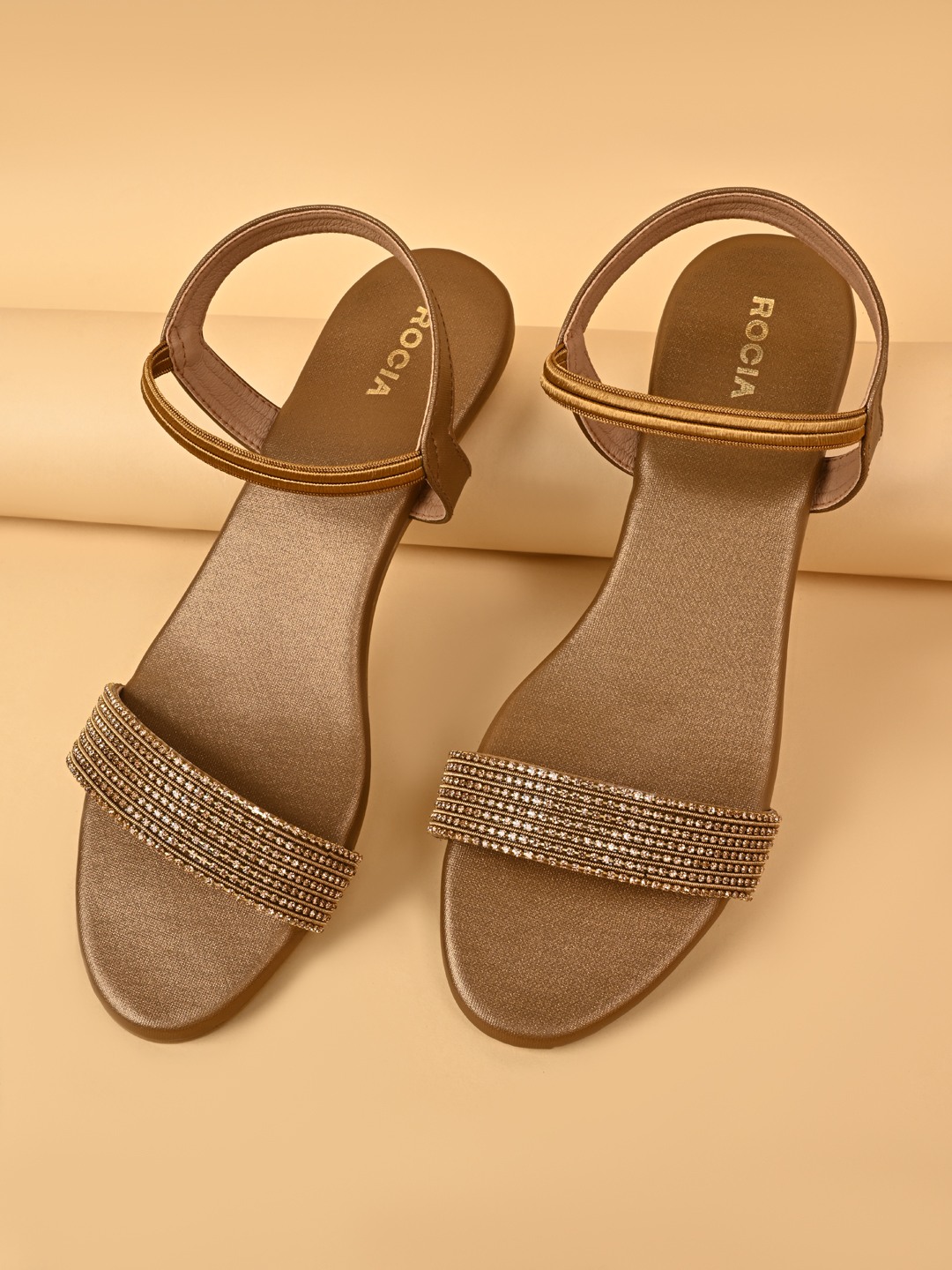 Rocia By Regal Antique Gold Women Diamond Embellished Block Heel Sandals