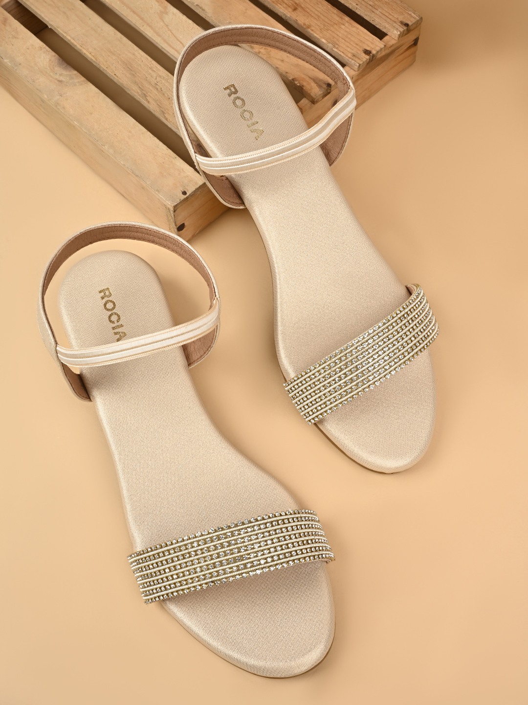 Rocia By Regal Gold Women Diamond Embellished Block Heel Sandals