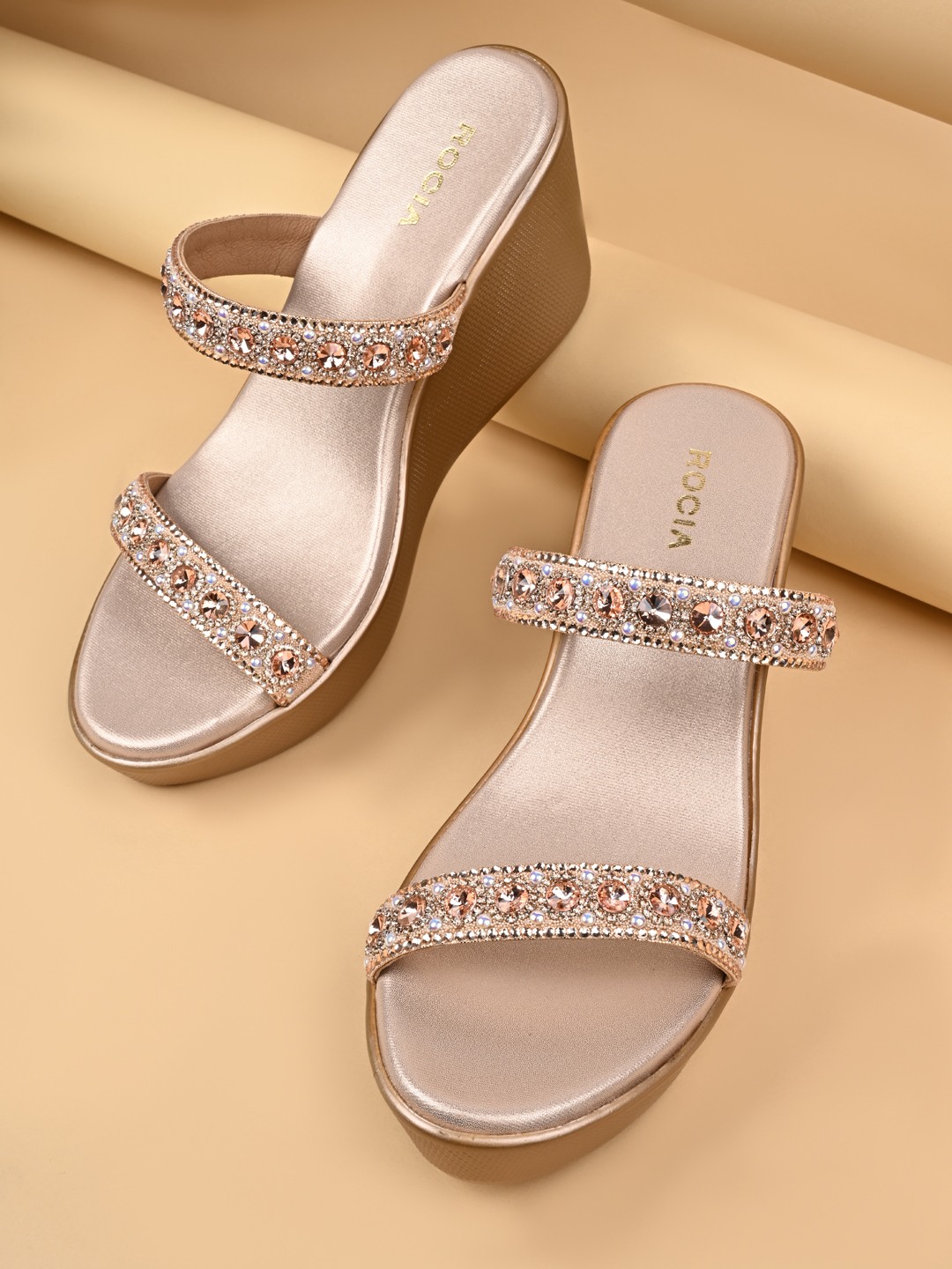 Rocia By Regal Rose Gold Women Diamond Embellished High Fancy Platform Sandals