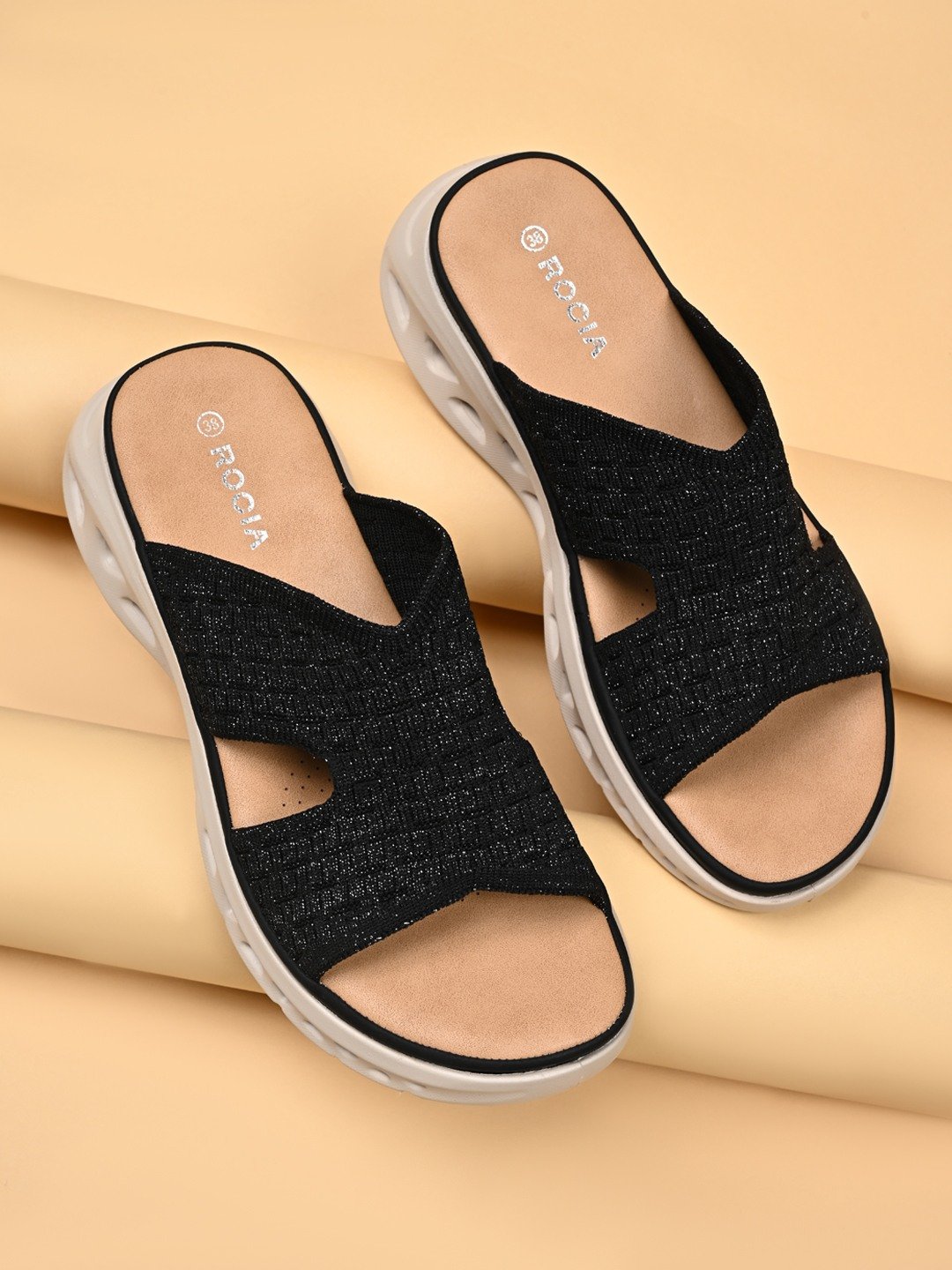 Rocia By Regal Black Women Stylish Sole Comfort Flat Sandals