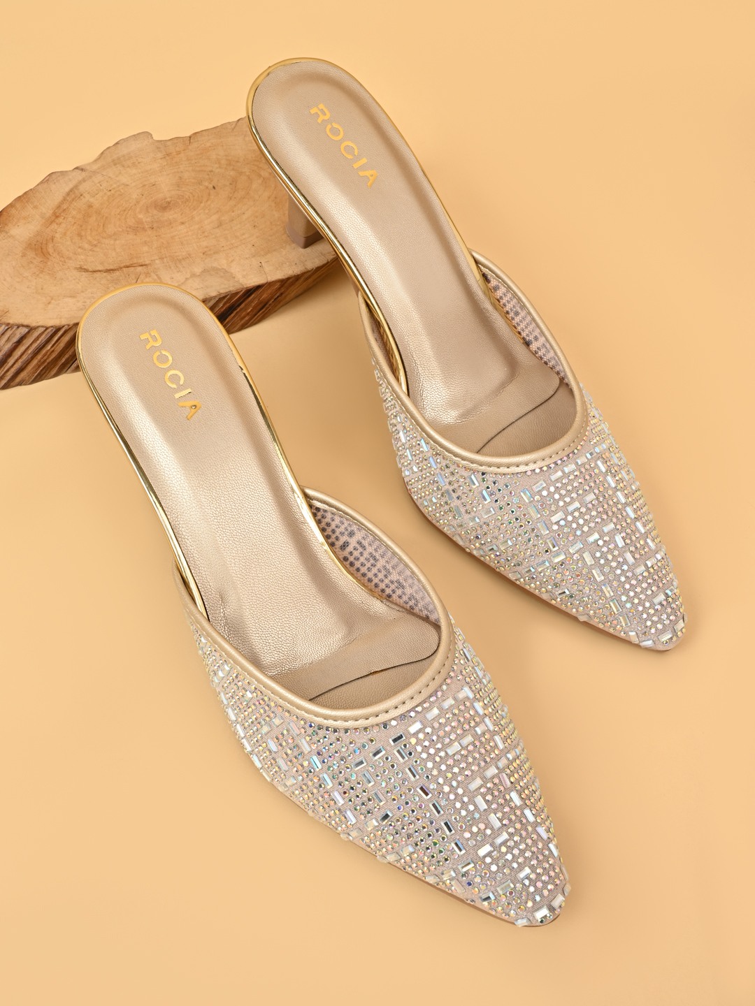 Rocia By Regal Gold Women Diamond Embellished Stilettos Mules