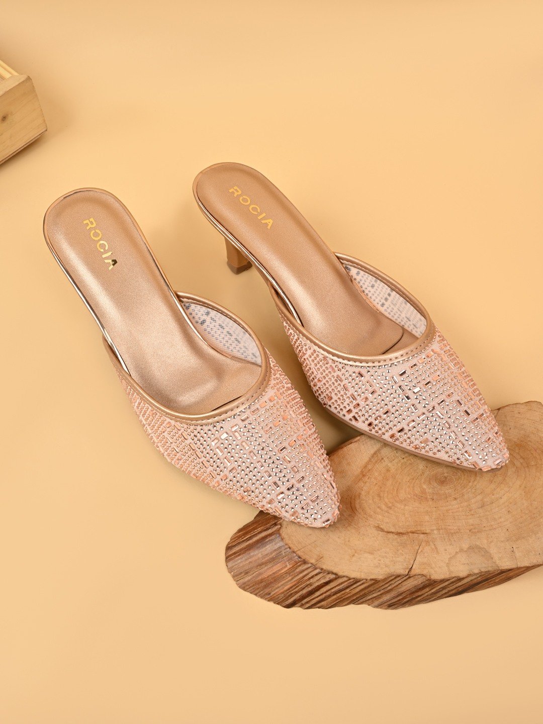 Rocia By Regal Rose Gold Women Diamond Embellished Stilettos Mules