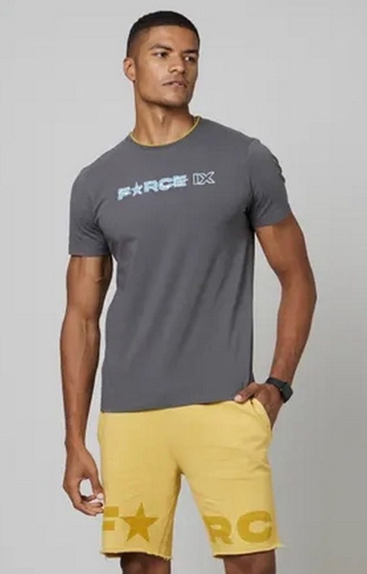FORCE IX | Men's Grey Cotton Typographic Printed T-Shirt
